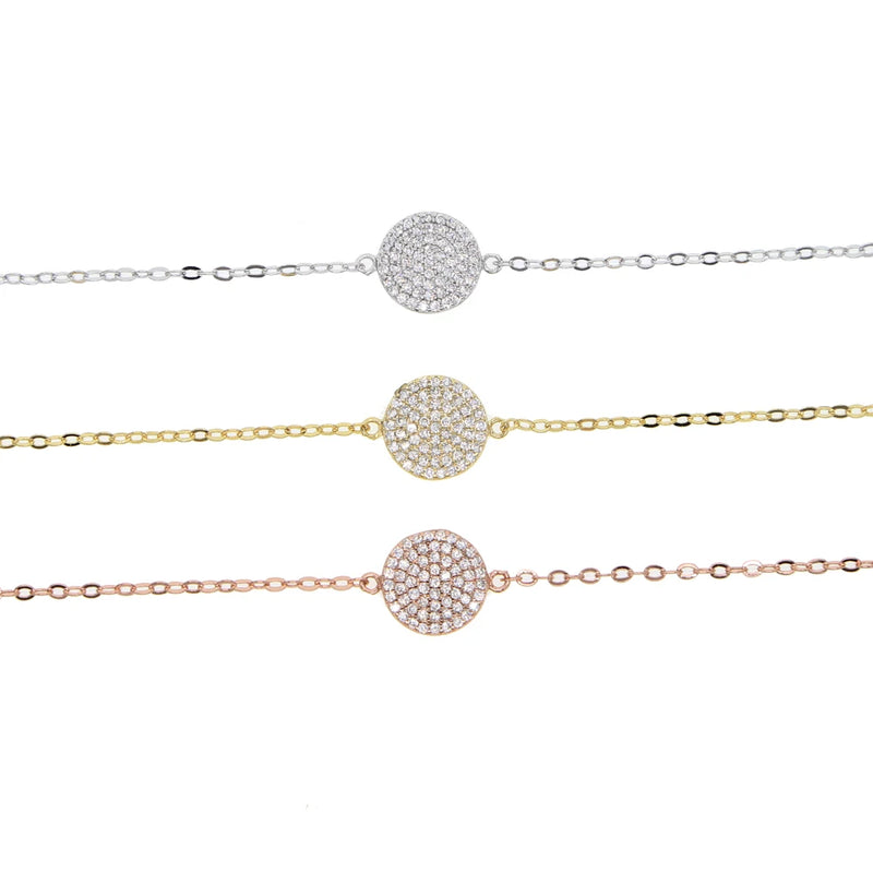 Brass CZ Jewelry Chain Bracelet with Round Disk Charm