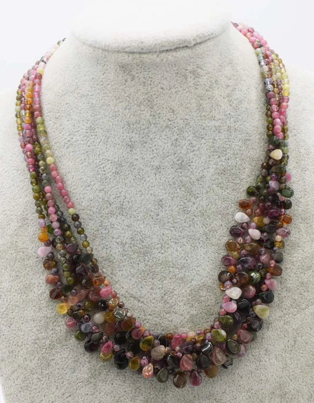 Multicolor Tourmaline Round & Drop Necklace 18" Gemstone Beads for Women
