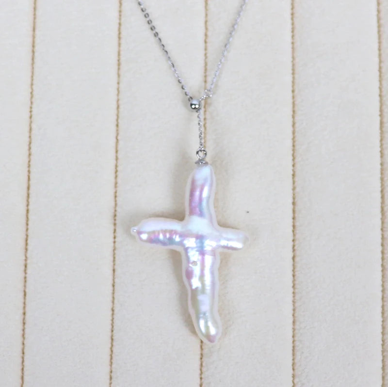Baroque Pearl Cross Pendant with Sterling Silver Chains