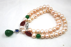 8mm Pink Pearl & Red Necklace with Green Jade Crystal Pendant
