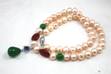 8mm Pink Pearl & Red Necklace with Green Jade Crystal Pendant
