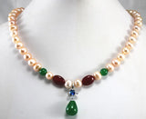 8mm Pink Pearl & Red Necklace with Green Jade Crystal Pendant