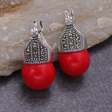 Round Red Natural Jade Bead 925 Silver Earrings