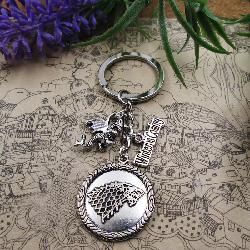 Winter is Coming Dragon Wolf Antique Charm Keyring Gift Birthday