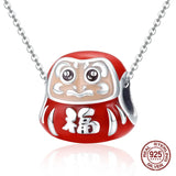 925 Silver Red Enamel Fuwa Charm Bangle Bracelet Pendant DIY
