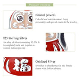 925 Silver Red Enamel Fuwa Charm Bangle Bracelet Pendant DIY
