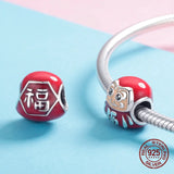 925 Silver Red Enamel Fuwa Charm Bangle Bracelet Pendant DIY