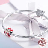 925 Silver Red Enamel Fuwa Charm Bangle Bracelet Pendant DIY