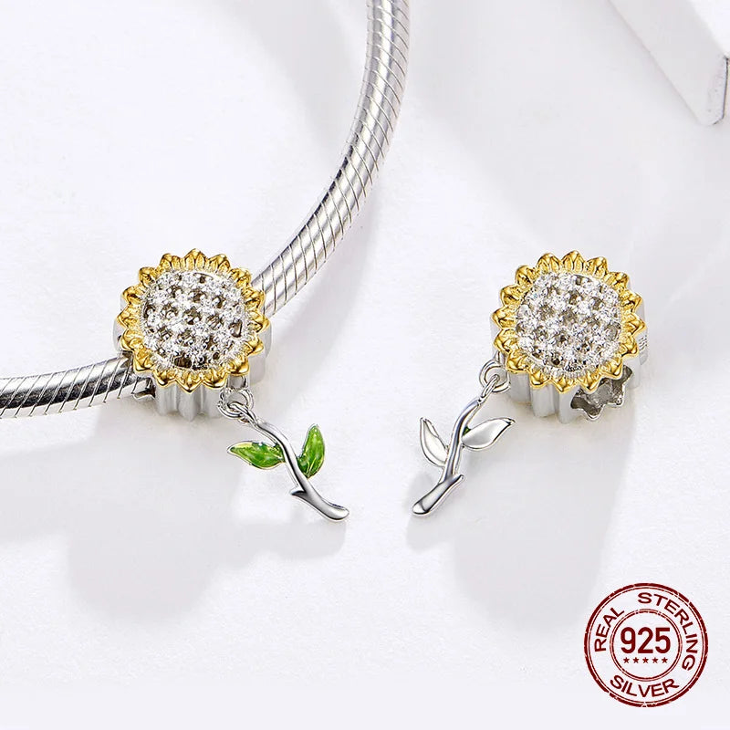 Sunflower Charm Bangle Bracelet DIY Jewelry 925 Sterling Silver Pendant