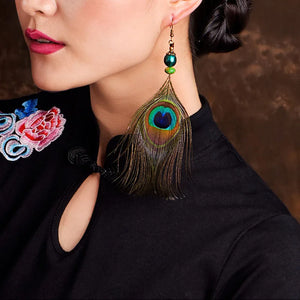 Ethnic Peacock Feather Earrings Vintage Bohemian Style