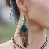 Ethnic Peacock Feather Earrings Vintage Bohemian Style