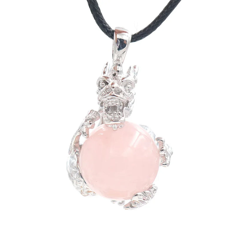 18mm Rose Crystal Dragon Pendant Reiki Healing Stone Luck Necklace