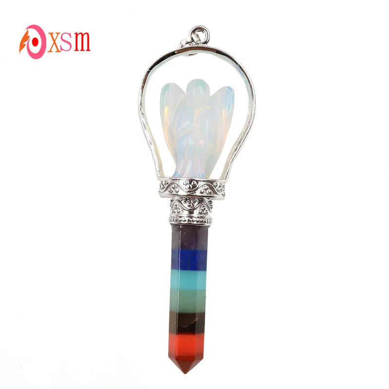 Silver Plated 7 Chakras Hexagon Prism Opal Stone Angel Scepter Pendant