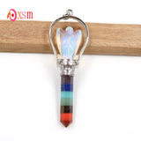 Silver Plated 7 Chakras Hexagon Prism Opal Stone Angel Scepter Pendant