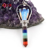 Silver Plated 7 Chakras Hexagon Prism Opal Stone Angel Scepter Pendant