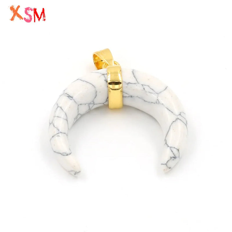 Light Yellow Chakra Bull Horn Pendant Howlite Stone Crescent Moon 1Pcs