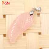 Natural Stone Rose Pink Quartz Angel Wings Feather Pendant Charm
