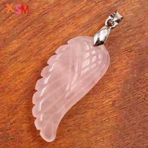Natural Stone Rose Pink Quartz Angel Wings Feather Pendant Charm
