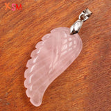 Natural Stone Rose Pink Quartz Angel Wings Feather Pendant Charm
