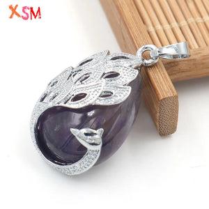 Stylish Water Drop Stone Peacock Pendant Natural Amethyst Rose Quartz Charms