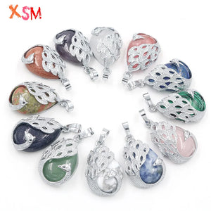 Stylish Water Drop Stone Peacock Pendant Natural Amethyst Rose Quartz Charms