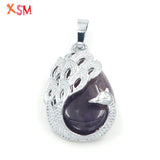 Stylish Water Drop Stone Peacock Pendant Natural Amethyst Rose Quartz Charms