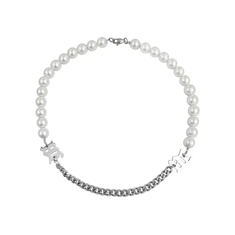 Pearl Letter Stitching Choker Necklaces INS Niche Male Net Hip Hop Necklace