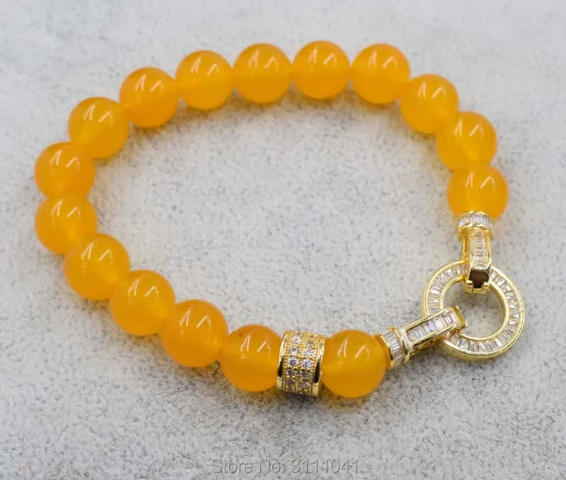 Yellow/Red Jade Round 10mm Bracelet 7.5 inch Beads Handcrafted