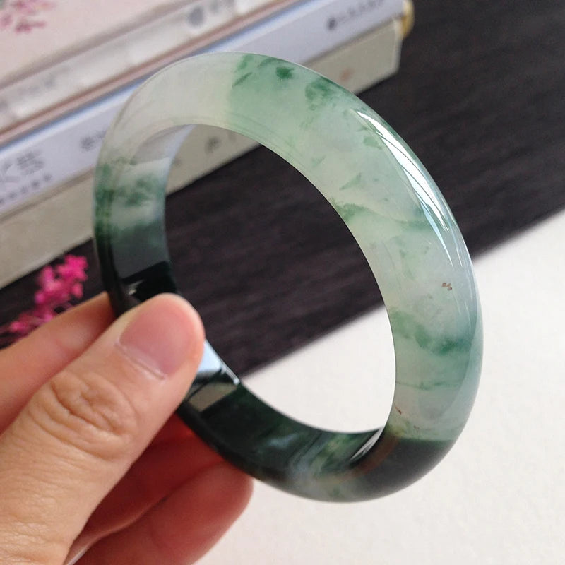 Zheru Natural Burmese Jade Ice Dark Green Hand Two-Color Bracelet