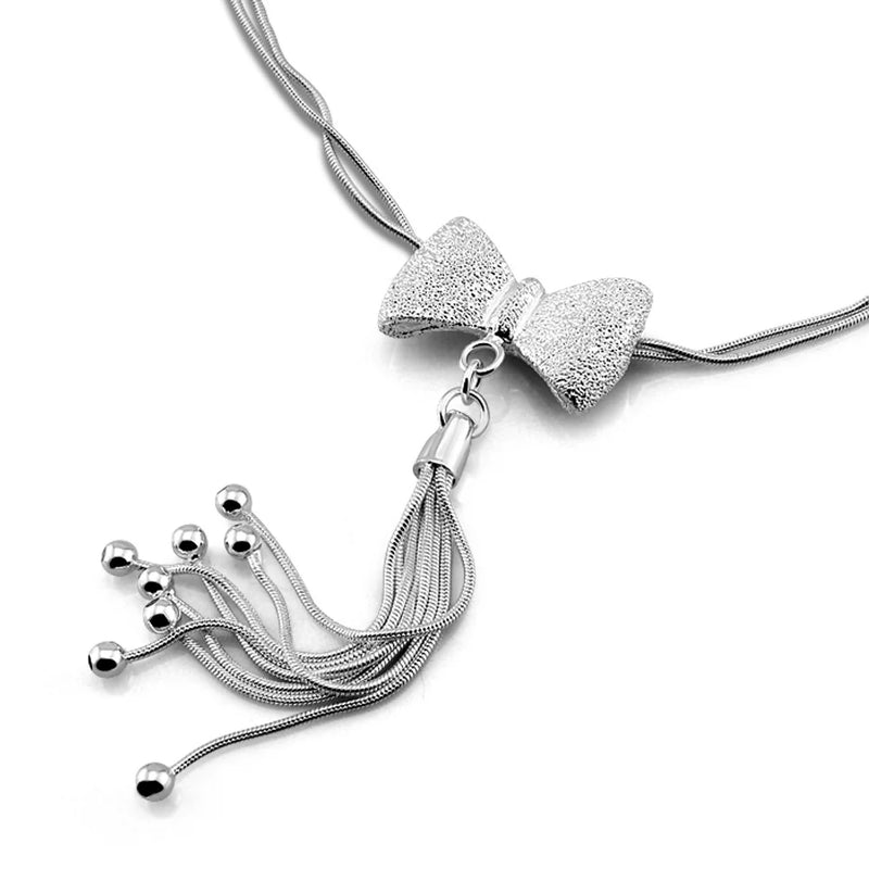 S925 Sterling Silver Bow Necklace Women's Double Layer Snake Bone Tassel Chain