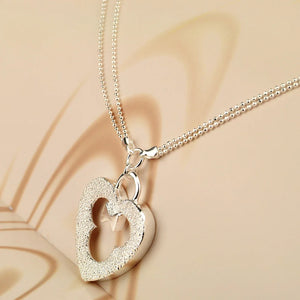925 Sterling Silver Frosted Love Necklace Double Line Round Beads