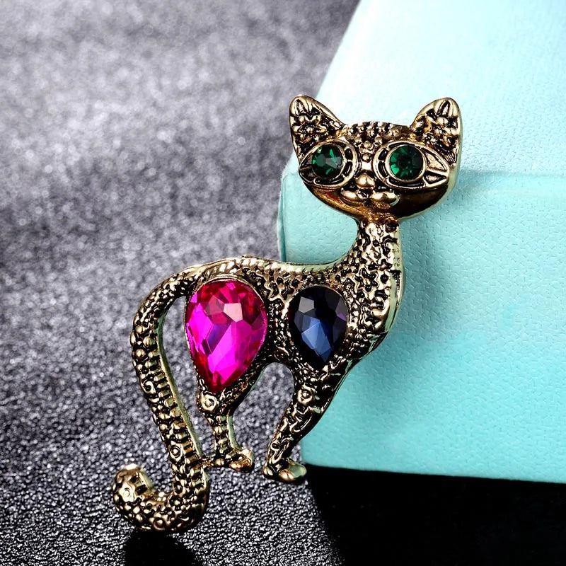 Colorful Cat Brooch Men Jewelry Rhinestone Crystal Scarf Pins Lapel Pin