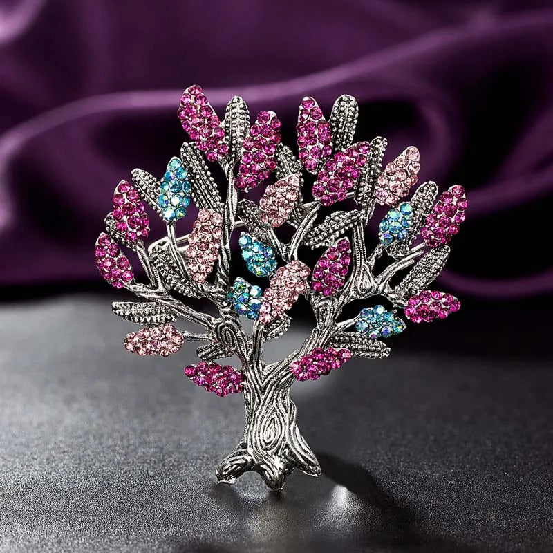 Vintage Wishing Tree Women's Pin Brooch Jewelry Green Pink Rhinestone