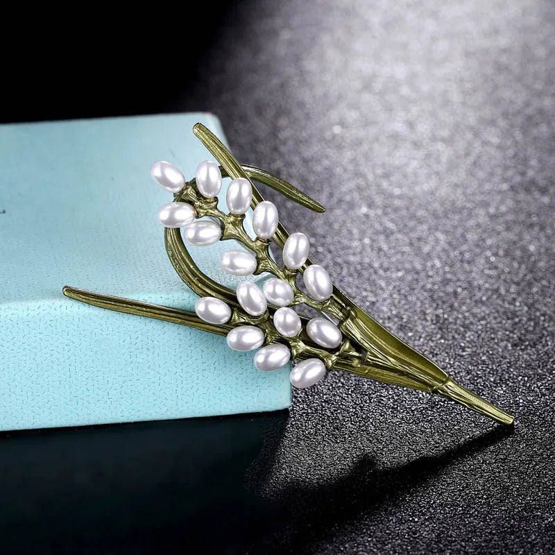 Men's Wheat Flower Pearl Pin Brooch Green Enamel Hijab Accessory